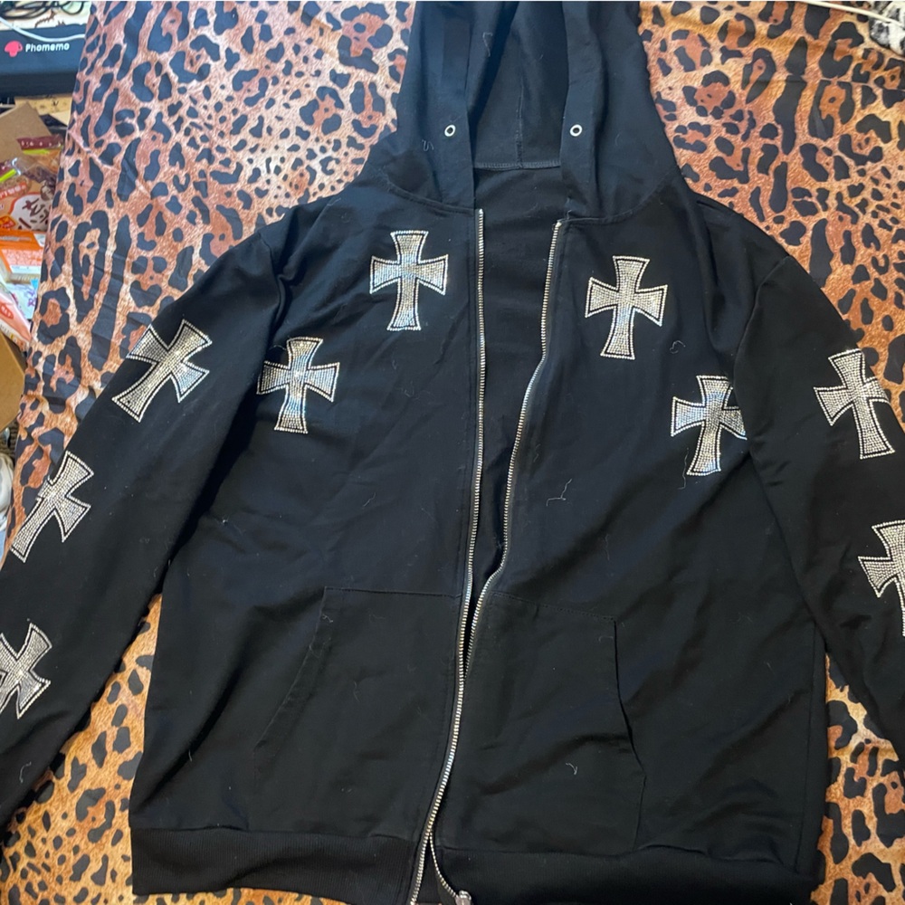 Rhinestone cross zip up size M-L